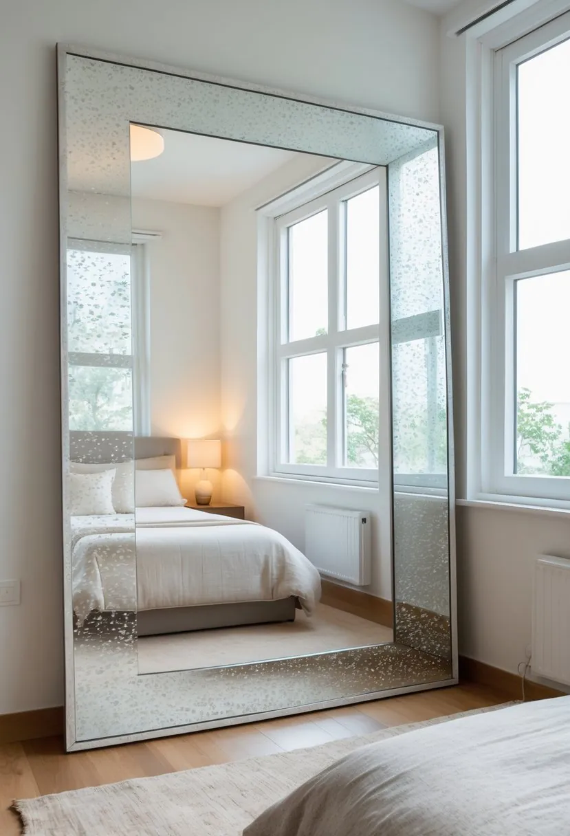 A small bedroom with a large mirror reflecting natural light, a bed, and simple furniture.