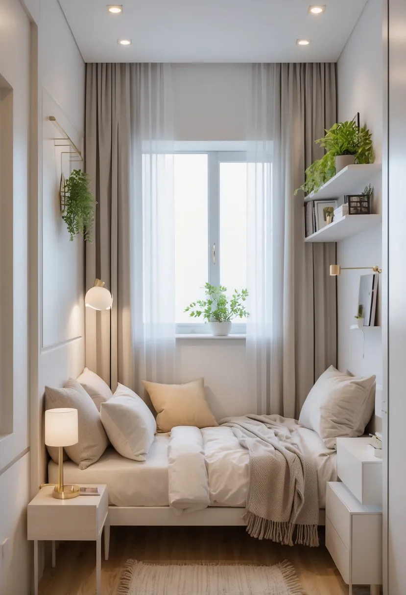 A small bedroom with a bed, bedside table, window, and decorative plants, arranged in a compact and cozy layout.