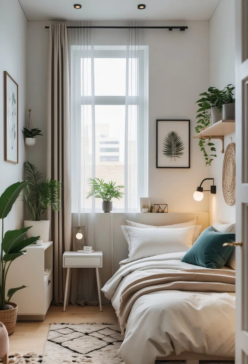 A small bedroom with a neatly made bed, a nightstand, plants, and soft natural light coming through a window.