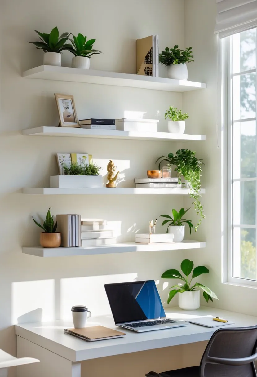 A home office with floating shelves holding books and plants above a desk with a laptop and coffee cup.