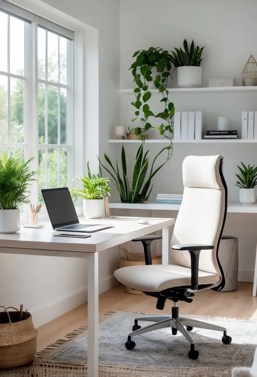 A bright home office with a desk, laptop, ergonomic chair, plants by the window, and organized shelves in the background.
