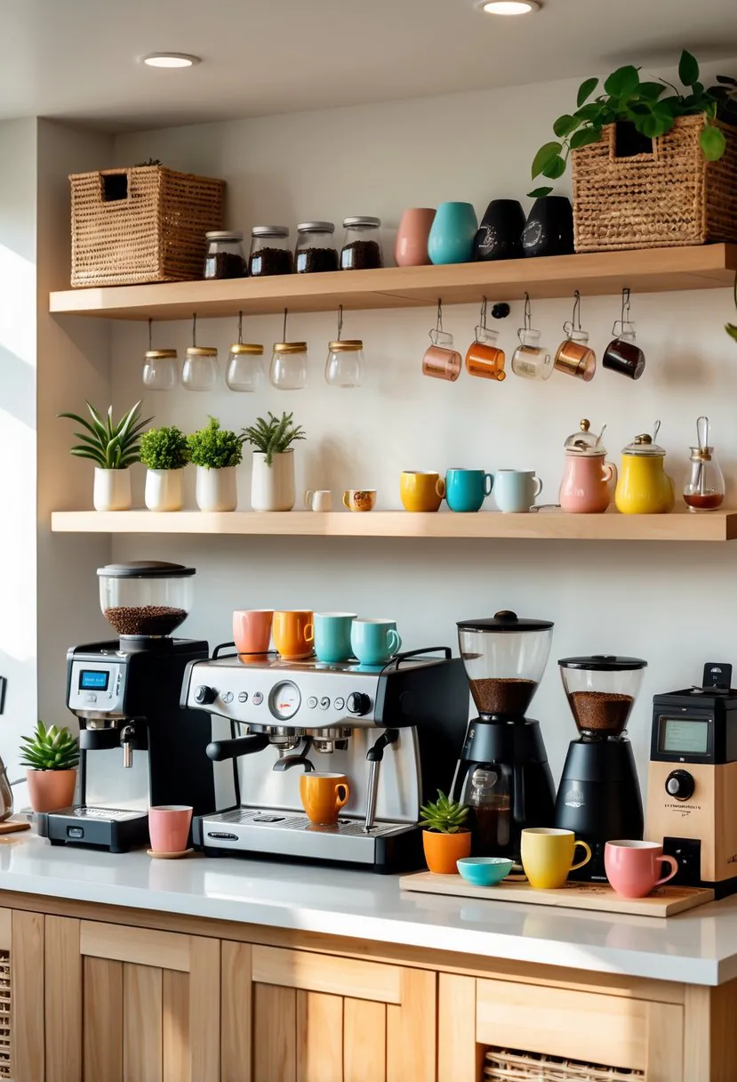 A home coffee bar with various coffee machines, mugs, jars of coffee beans, and decorative plants arranged neatly on shelves and countertops.