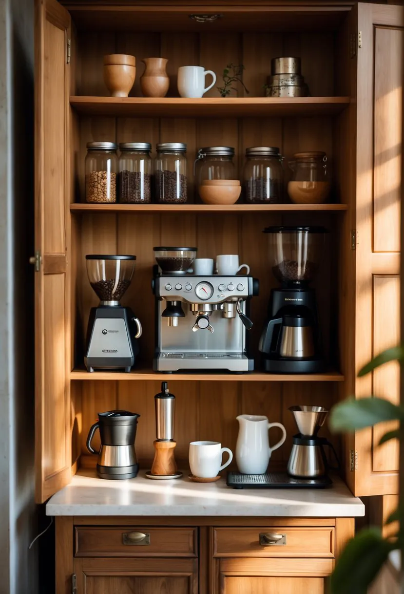 A vintage wooden cabinet converted into a home coffee bar with coffee-making equipment and accessories arranged neatly.