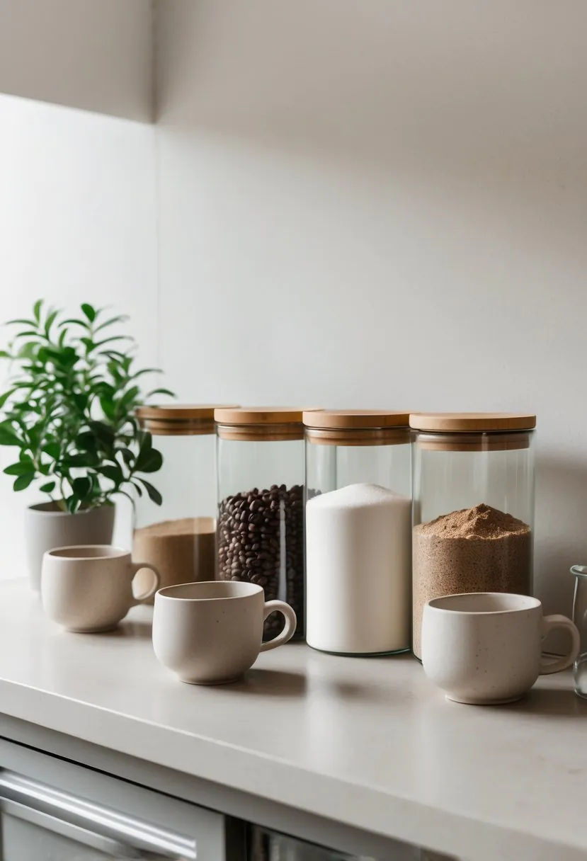 A countertop coffee station with stoneware mugs, glass canisters filled with coffee ingredients, and a small plant.