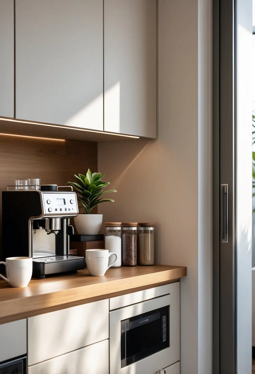 A corner coffee station integrated into a kitchen with a coffee machine, mugs, jars, and plants on the countertop.