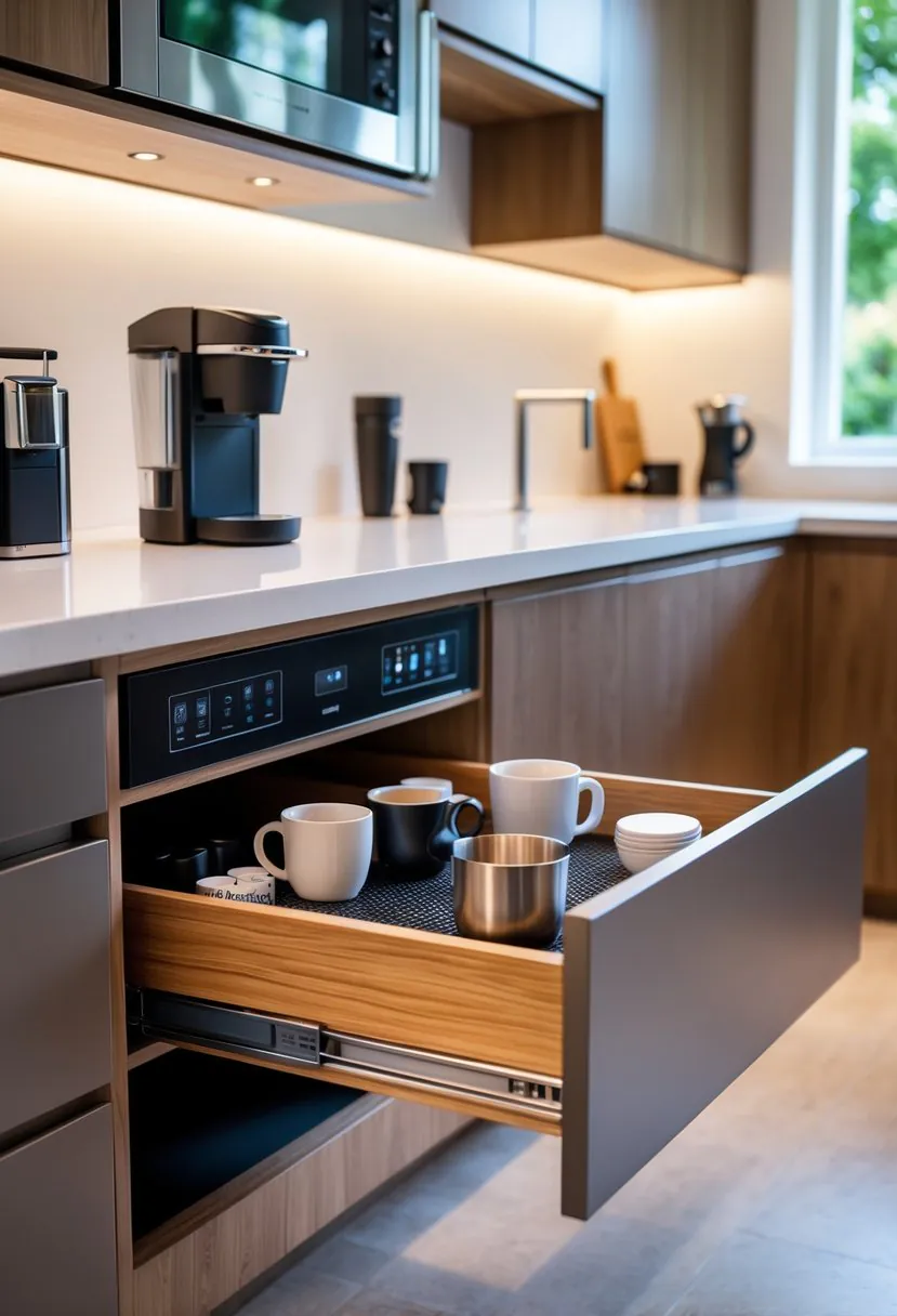 Open pull-out coffee drawer with built-in electrical outlets inside a modern kitchen coffee bar, showing organized coffee supplies and accessories.