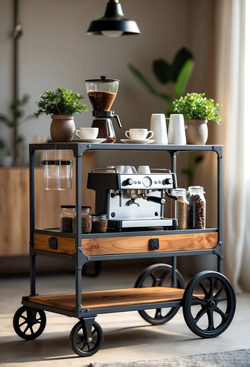 A coffee cart with a coffee machine, cups, jars of coffee beans, and small plants in a cozy home setting.