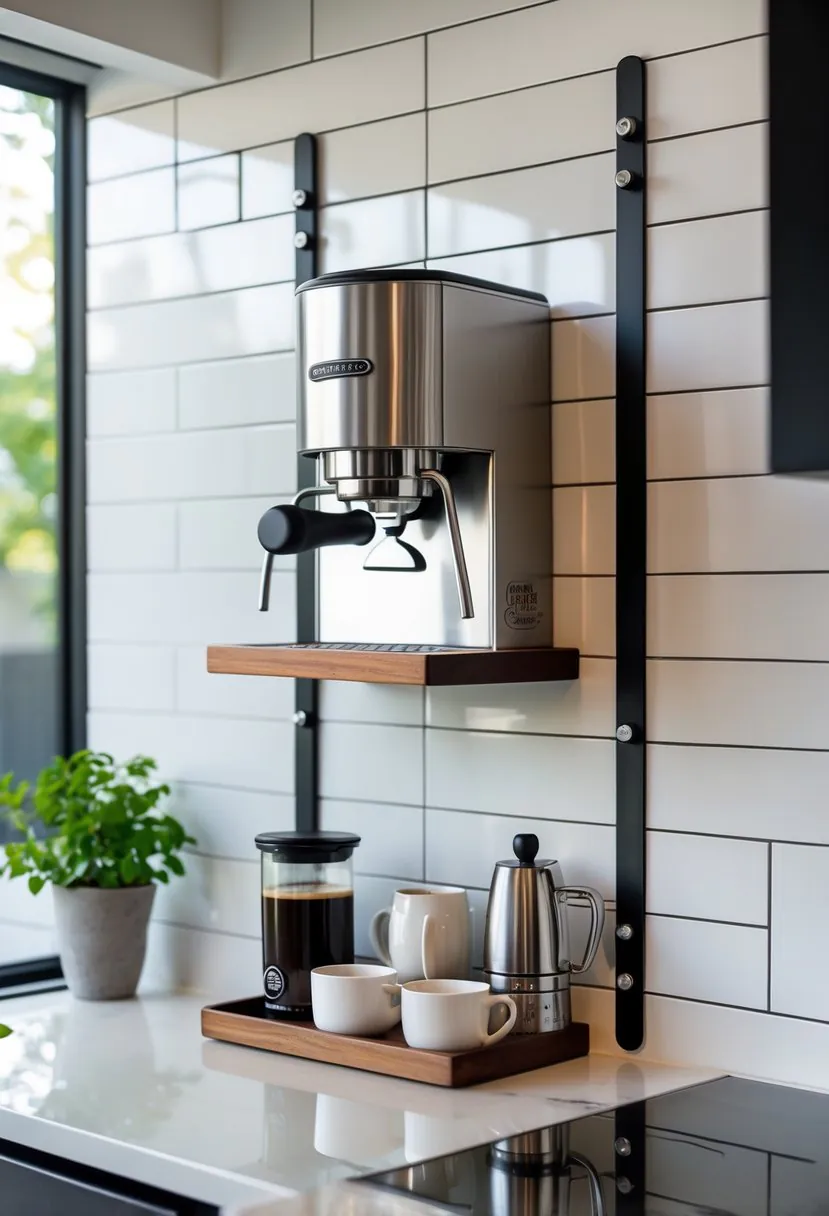 A wall-mounted espresso machine with coffee accessories on a wooden shelf in a bright kitchen corner.
