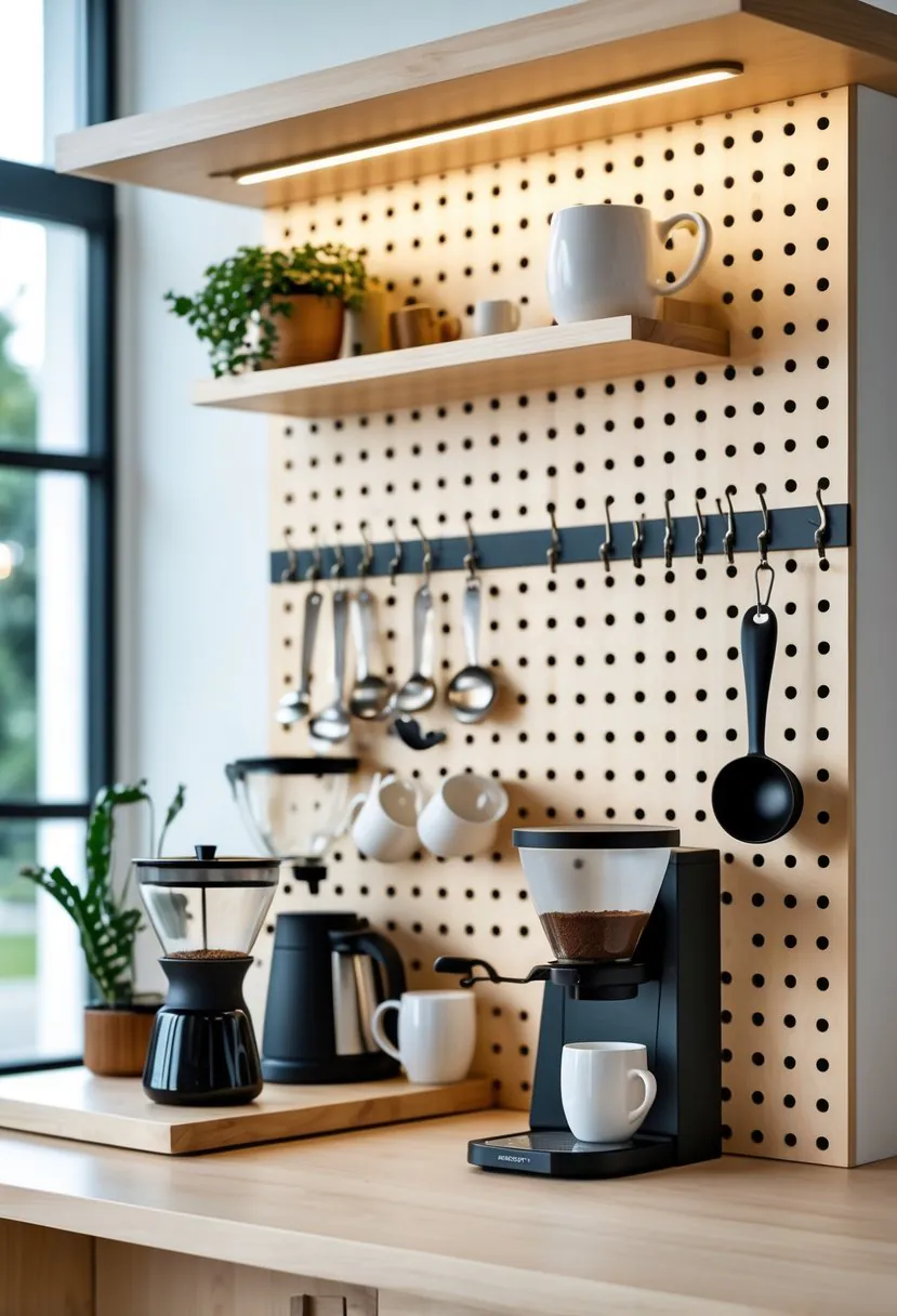 A customizable pegboard wall with various coffee tools hanging neatly in a bright home coffee bar area.