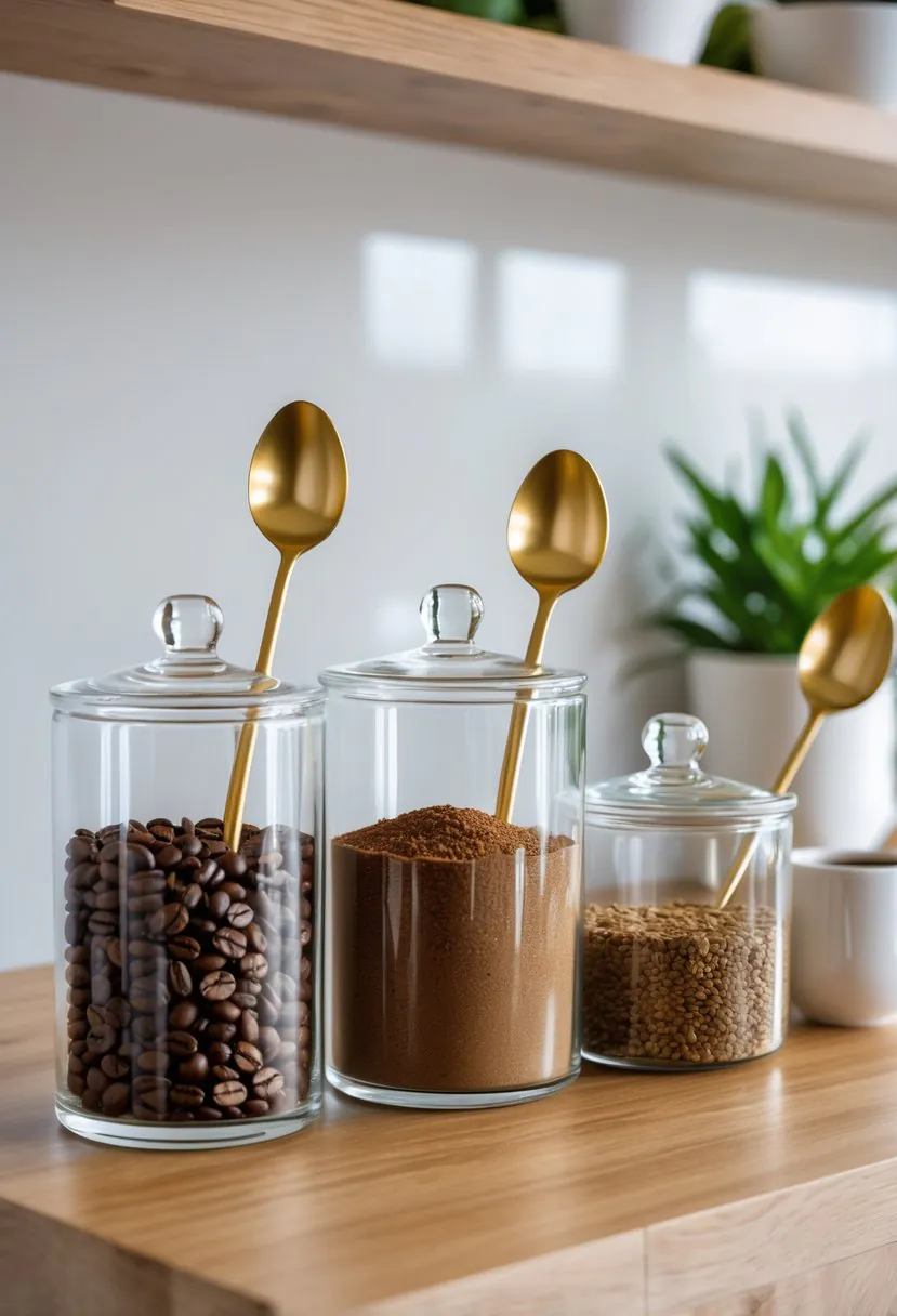 Glass canisters filled with coffee and gold spoons arranged on a wooden countertop in a home coffee bar setting.