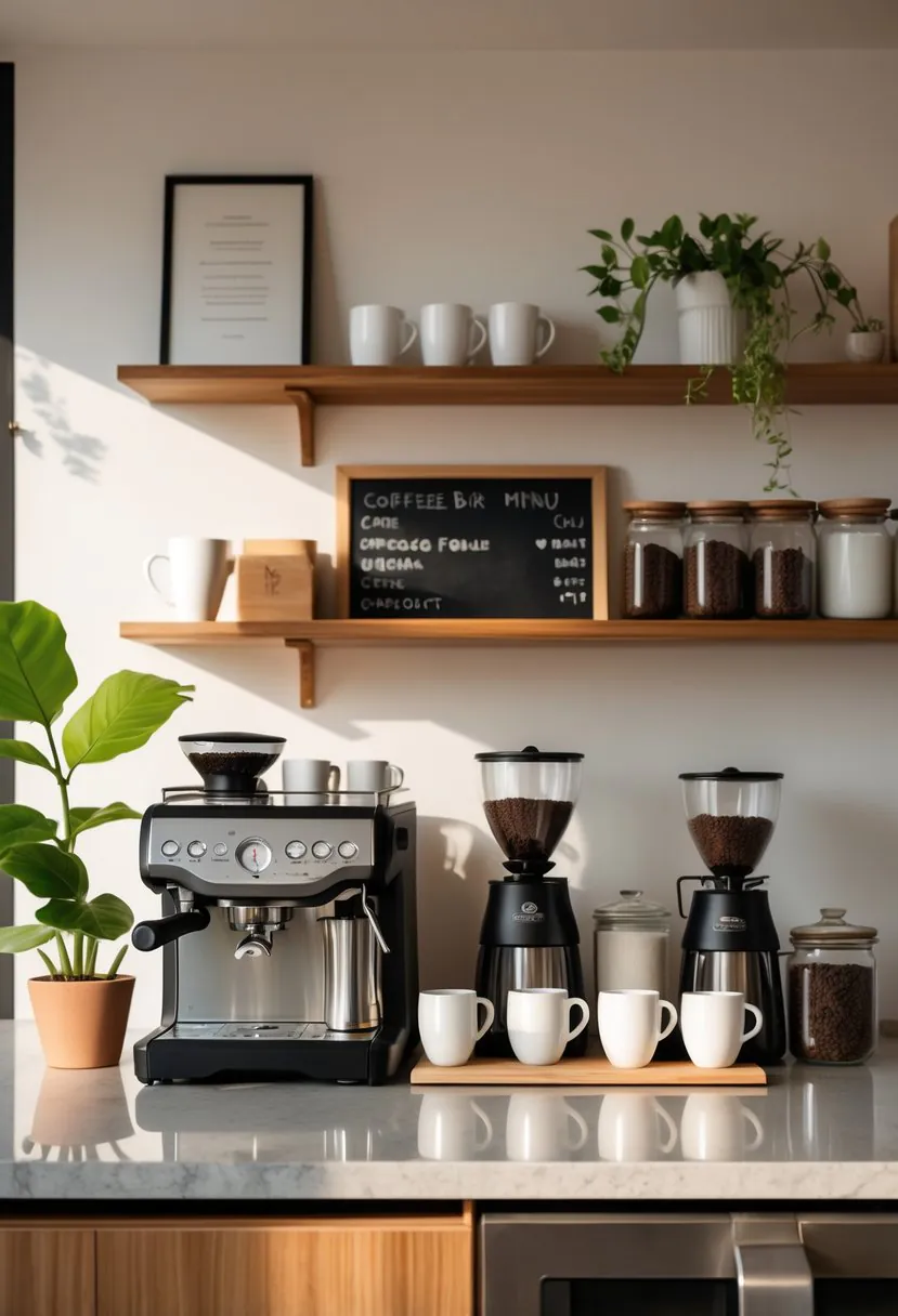 A home coffee bar with an espresso machine, coffee mugs, jars of coffee beans, and a small plant on a countertop.