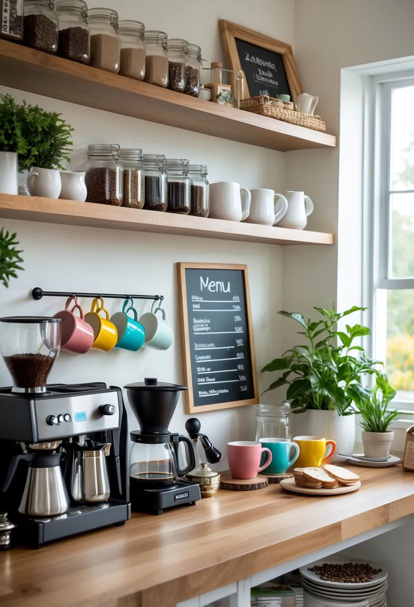 A home coffee bar with various coffee makers, jars of coffee beans, mugs, plants, and decorative items arranged on shelves and a wooden countertop.