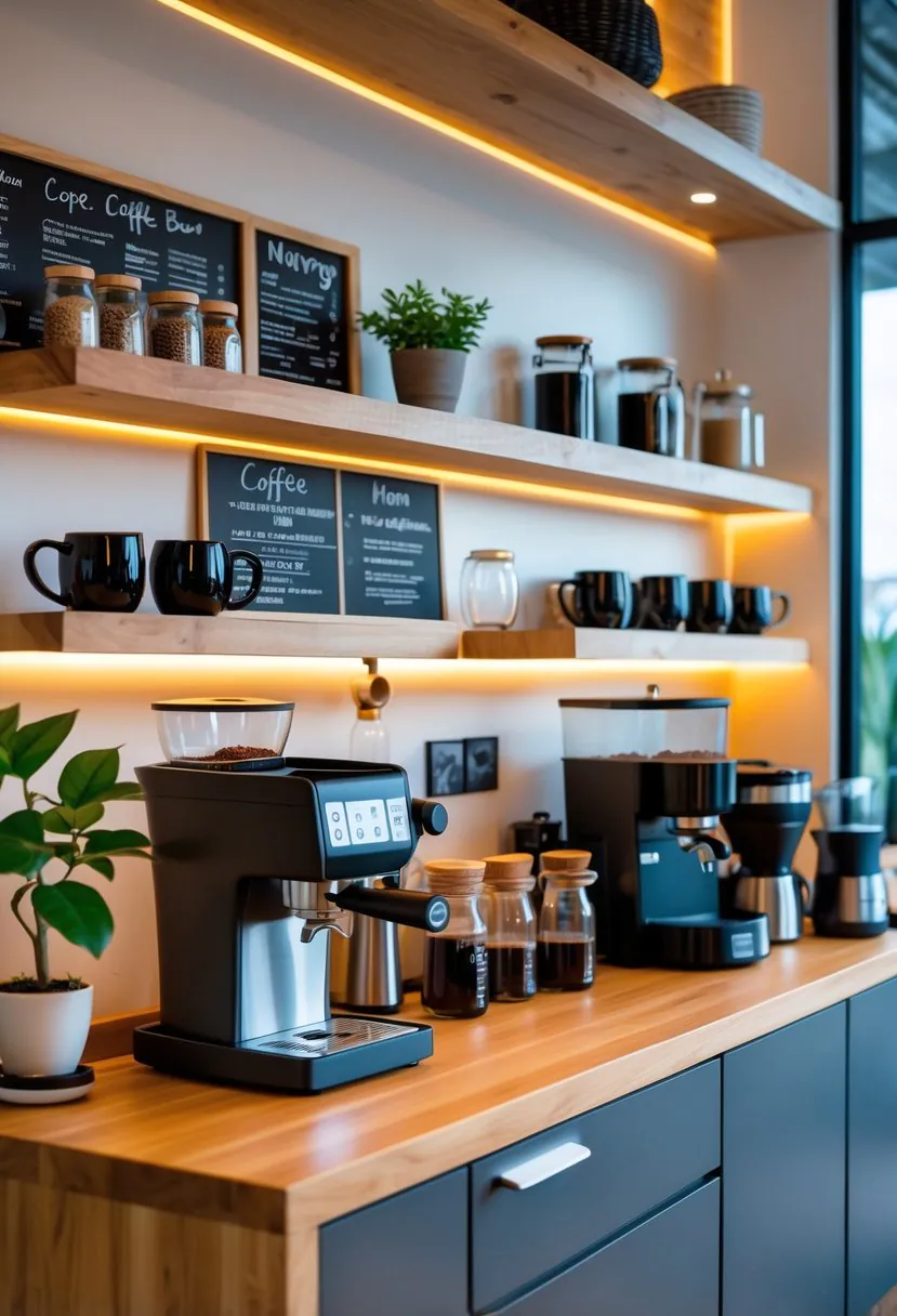 A home coffee bar with an espresso machine, coffee mugs on shelves, jars of coffee beans, a small plant, and warm lighting in a modern kitchen.
