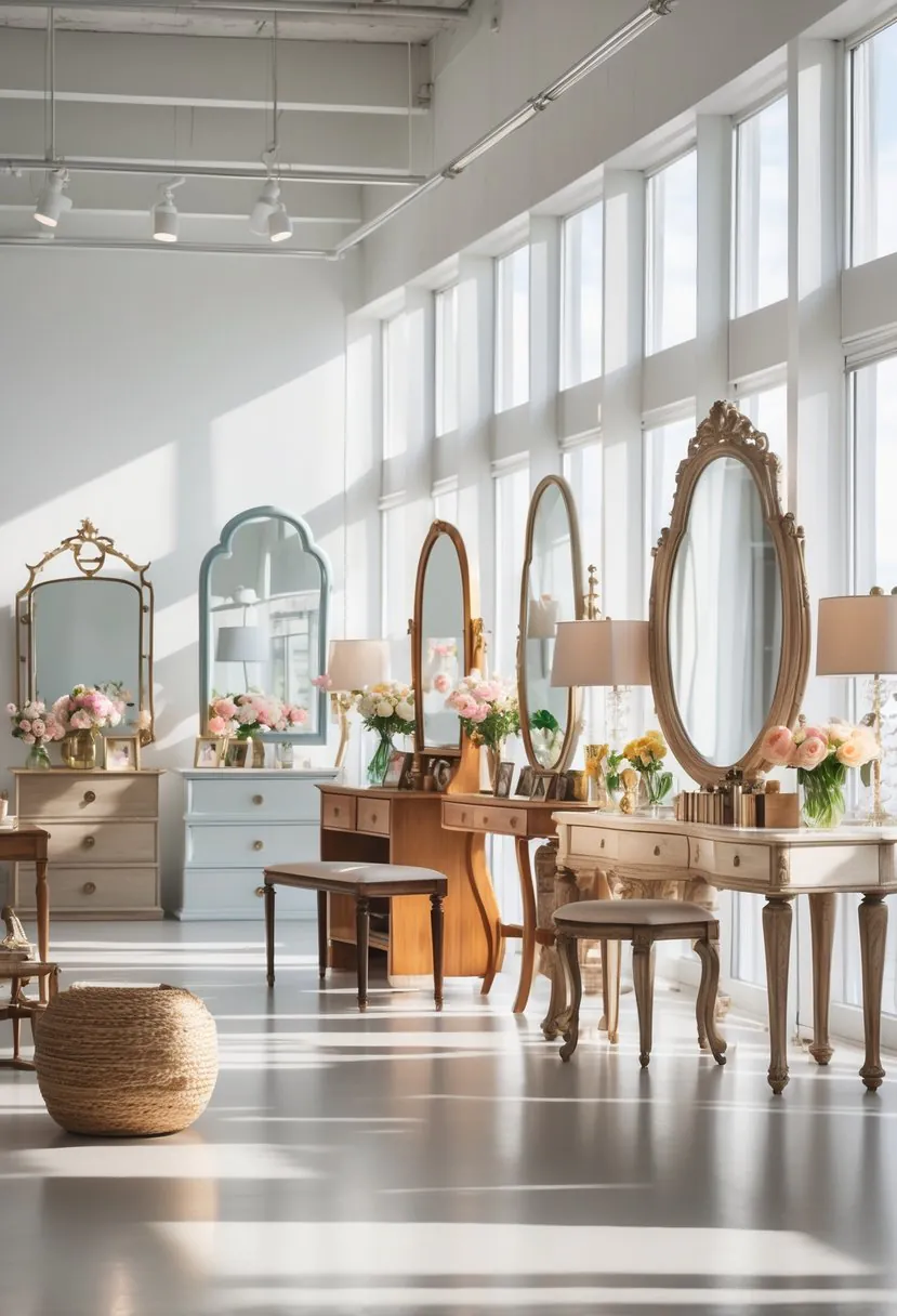 A bright room displaying seventeen different dressing tables with mirrors, makeup items, flowers, and decorative accessories arranged neatly.
