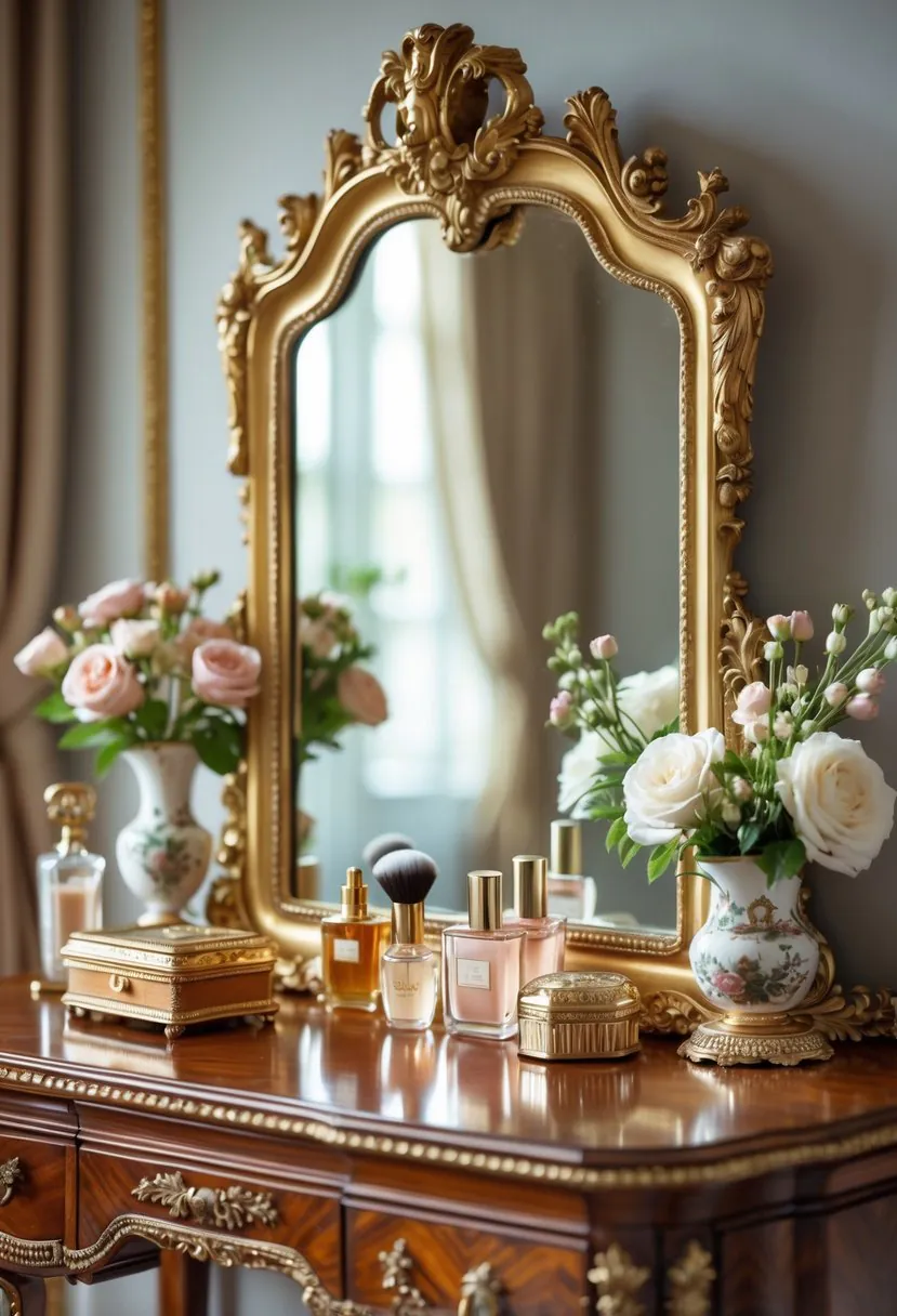 A dressing table with an ornate mirror, makeup items, flowers, and a jewelry box arranged on the tabletop.