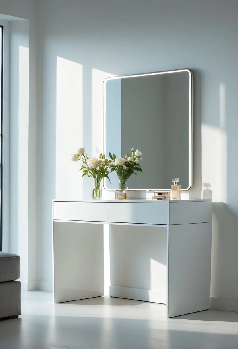 A white dressing table with a mirror, decorated with a vase of flowers, perfume bottle, and jewelry box in a bright room.