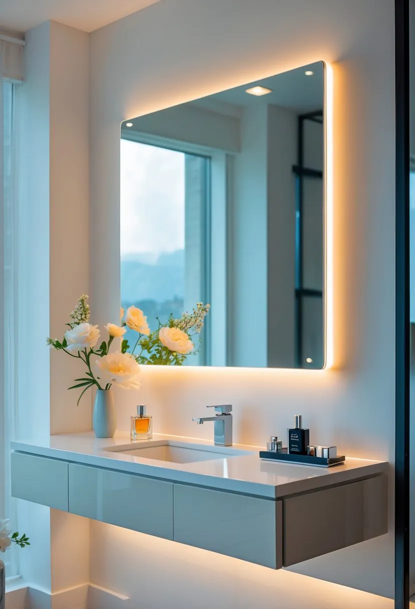 A floating wall-mounted vanity with LED lighting, decorated with flowers and makeup items on the countertop.