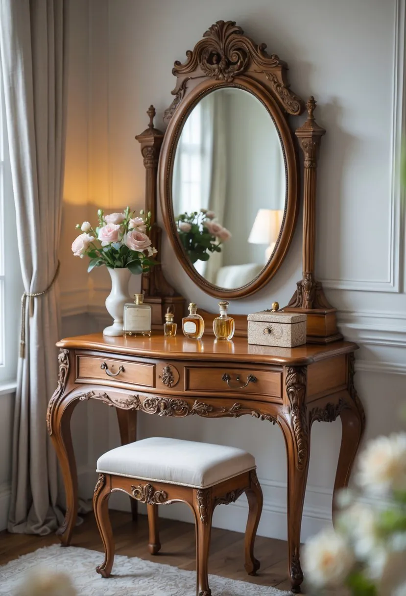 An elegant wooden dressing table with a large mirror, perfume bottles, a jewelry box, and a vase of flowers in a softly lit bedroom corner.