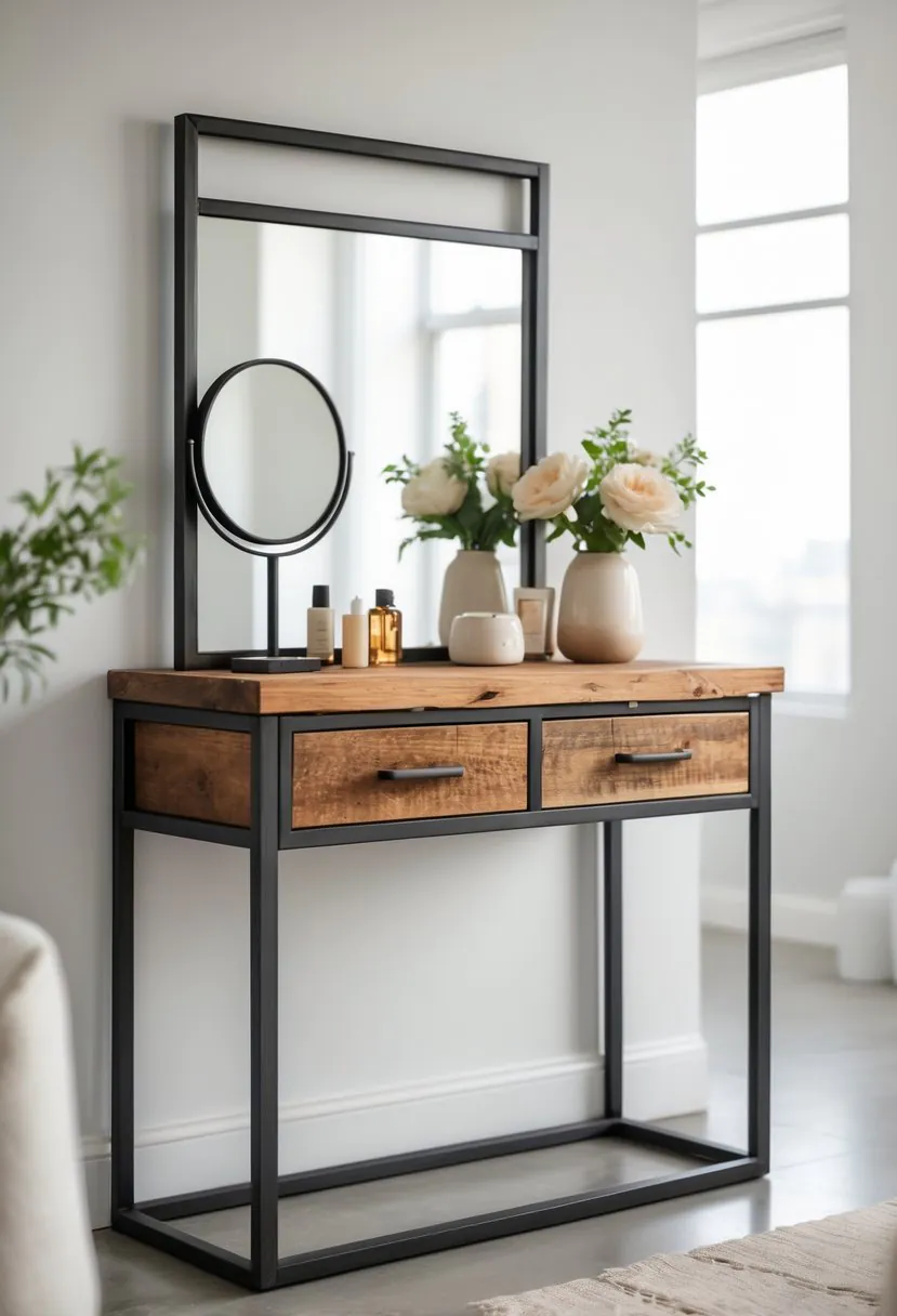 A dressing table with a metal frame and wooden surfaces in a bright room, decorated with a round mirror, vase with flowers, and beauty products.