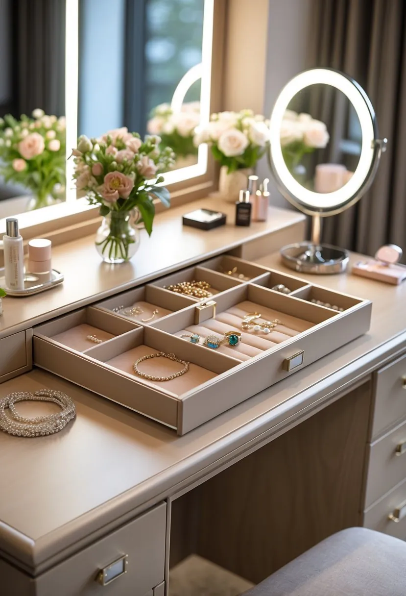 A dressing table with a built-in jewelry organizer holding various jewelry pieces and a mirror in a well-lit room.