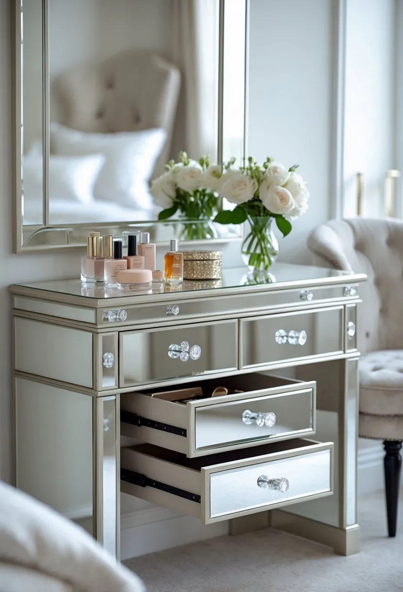 A mirrored dressing table with crystal handles in a bright bedroom, featuring a large mirror, beauty products, flowers, and a chair.