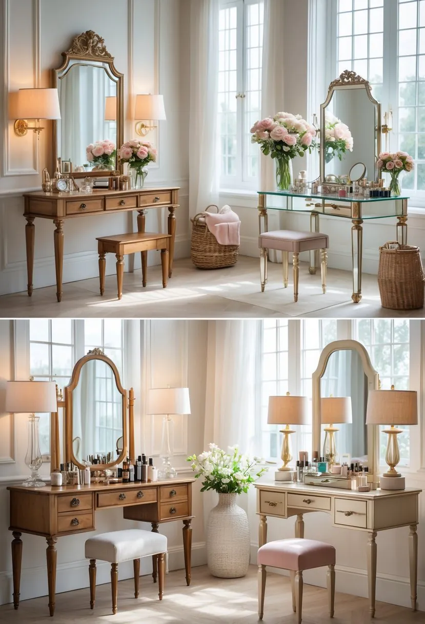 A bright room displaying various dressing tables with mirrors, lights, flowers, and beauty products arranged neatly.