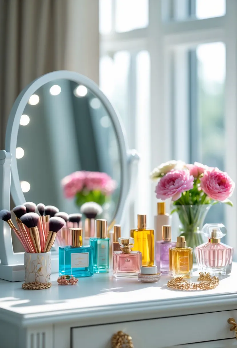 A well-organized dressing table with a mirror, makeup brushes, perfume bottles, flowers, and jewelry arranged neatly.