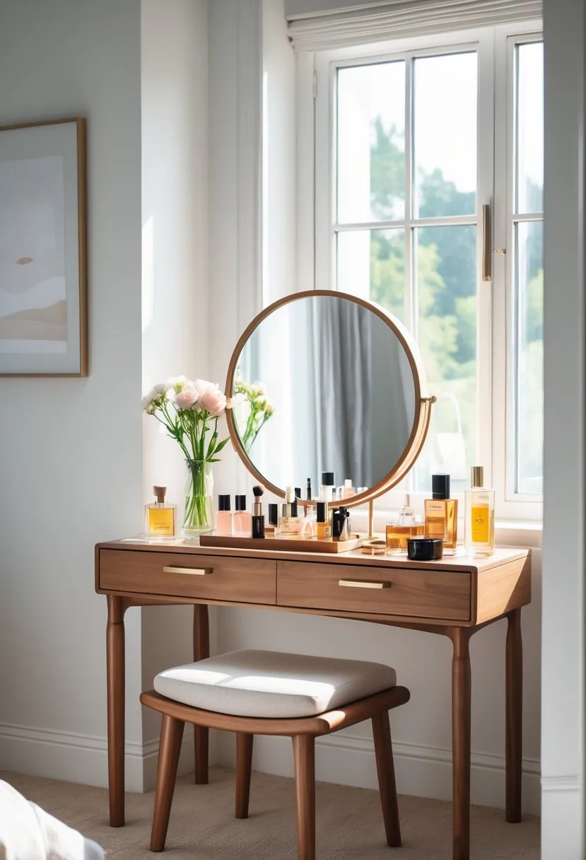A bright bedroom corner with a wooden dressing table, round mirror, beauty products, cushioned stool, and natural light from a window.
