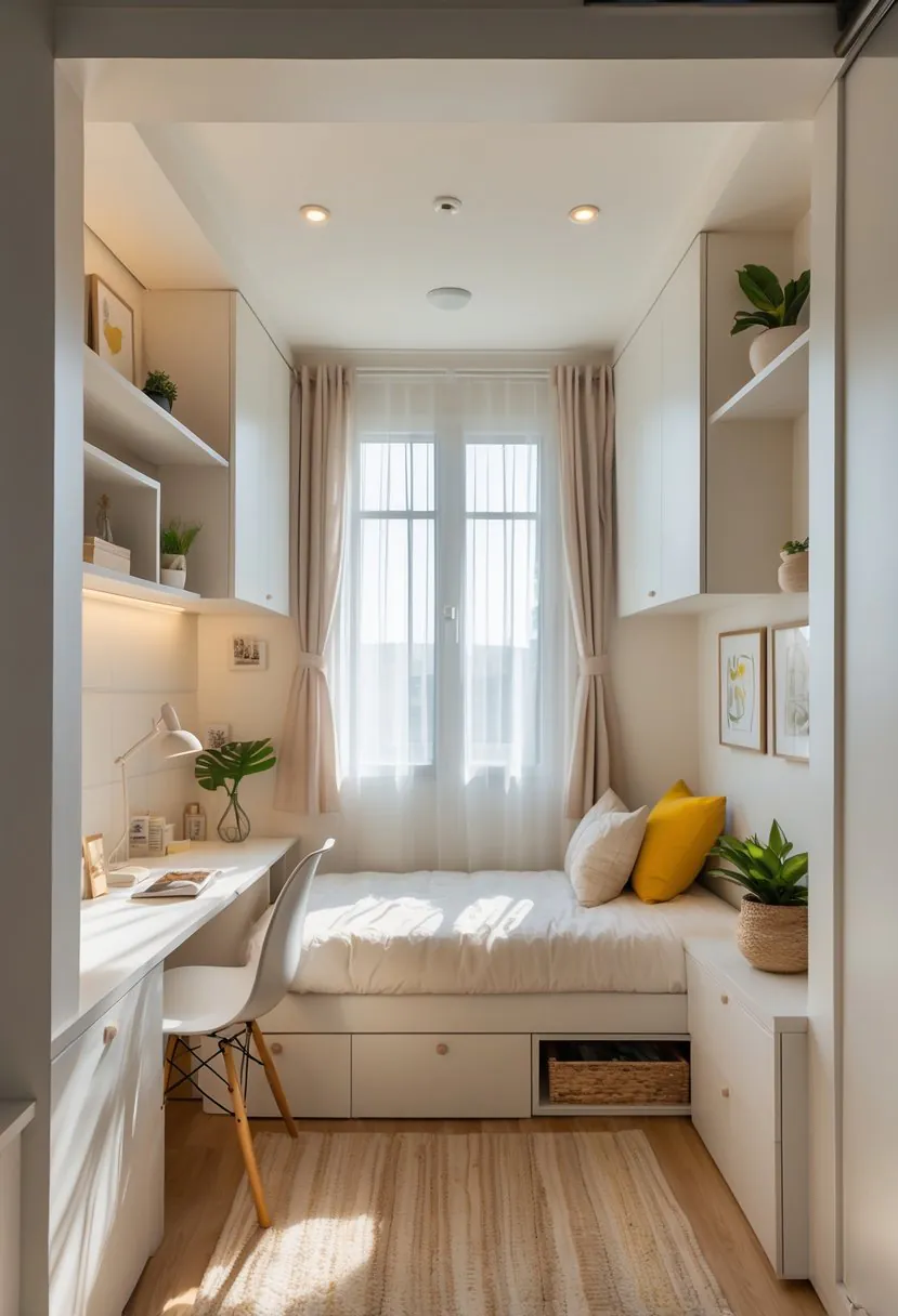 A small bedroom with a single bed, built-in storage, a desk, and a window letting in natural light.