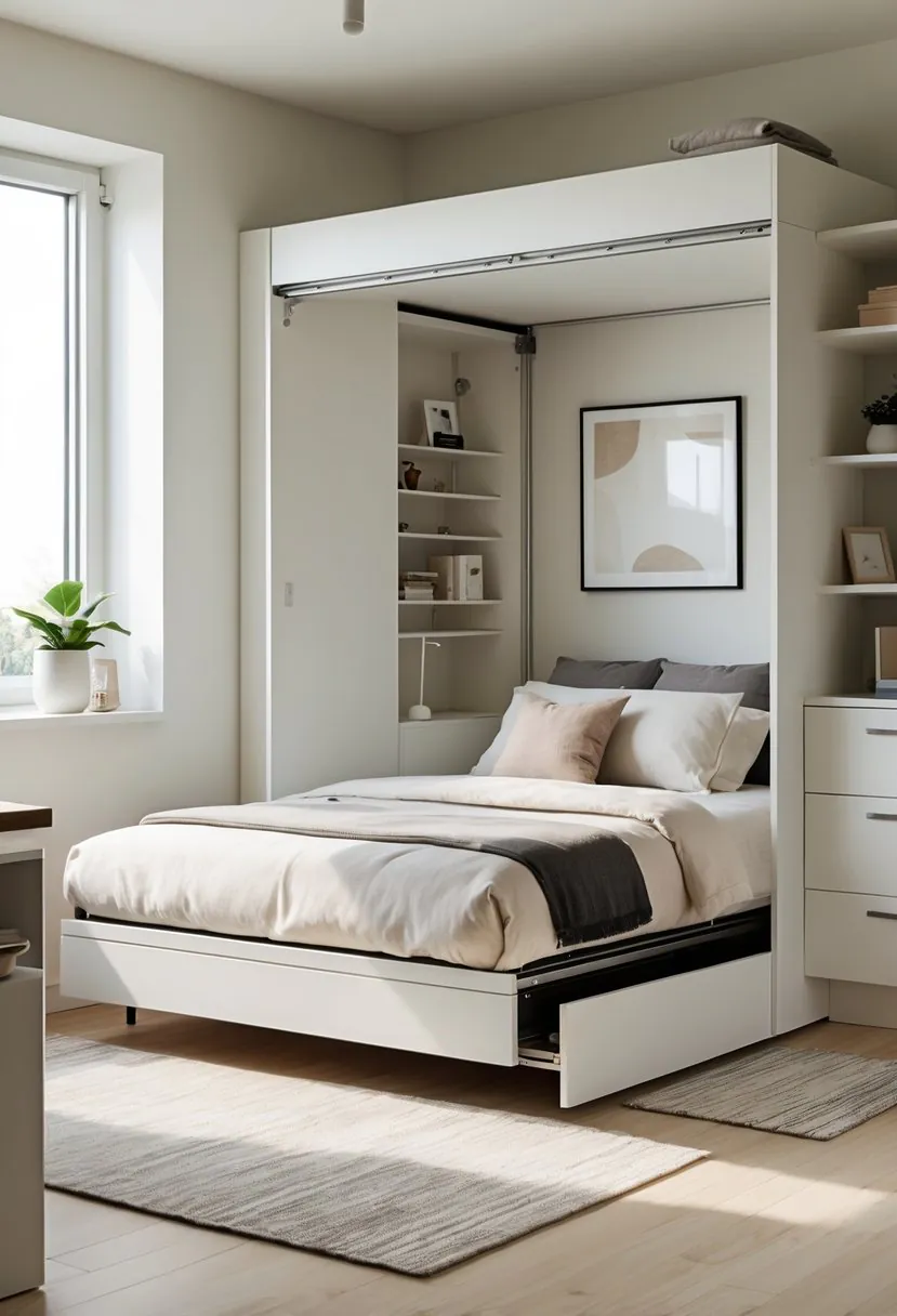 A small bedroom with a fold-down wall bed being folded up to create more space, featuring built-in shelves, a small desk, and natural light from a window.