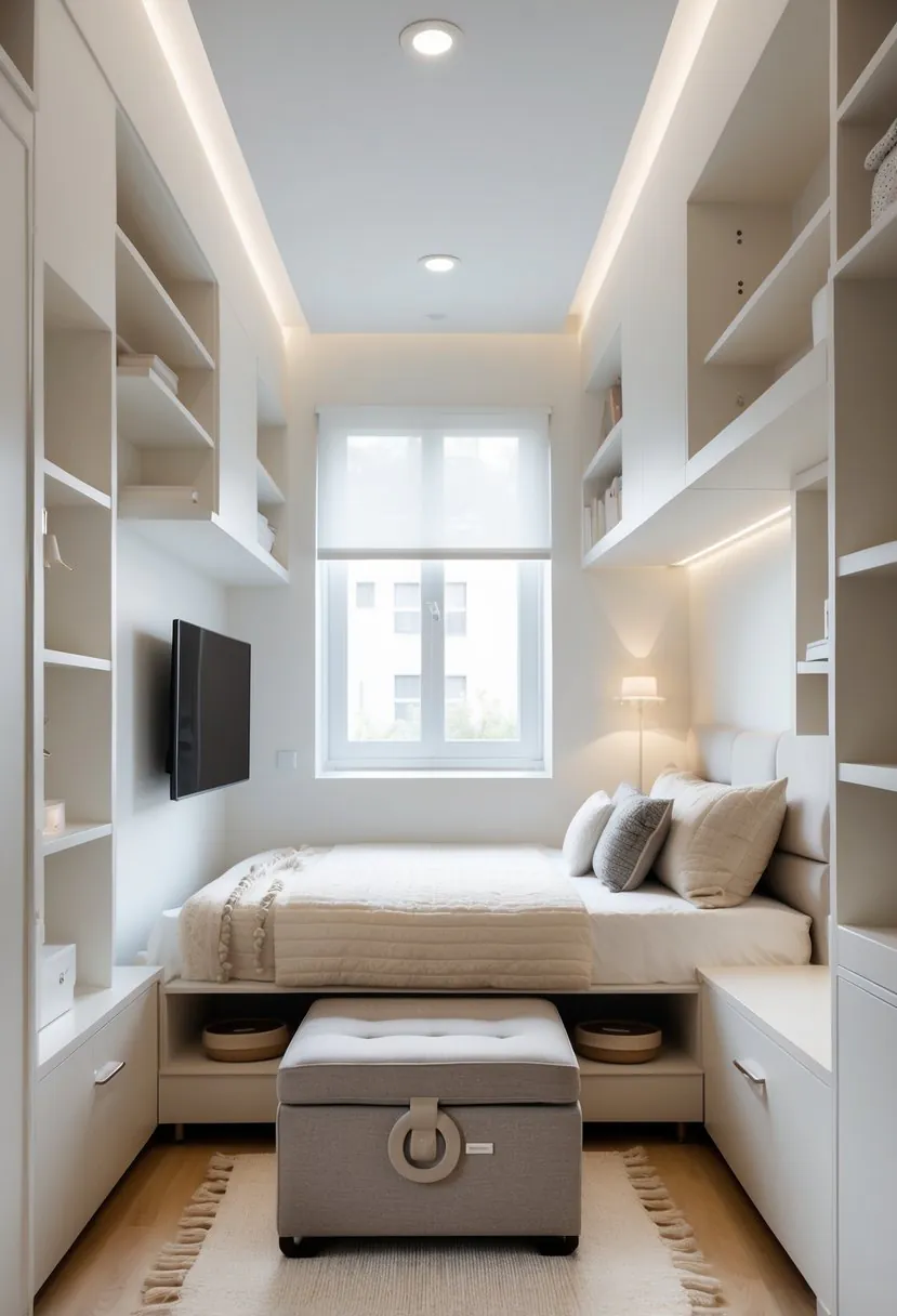 A small bedroom with an ottoman featuring hidden storage, a bed, and shelves, arranged to maximize space.