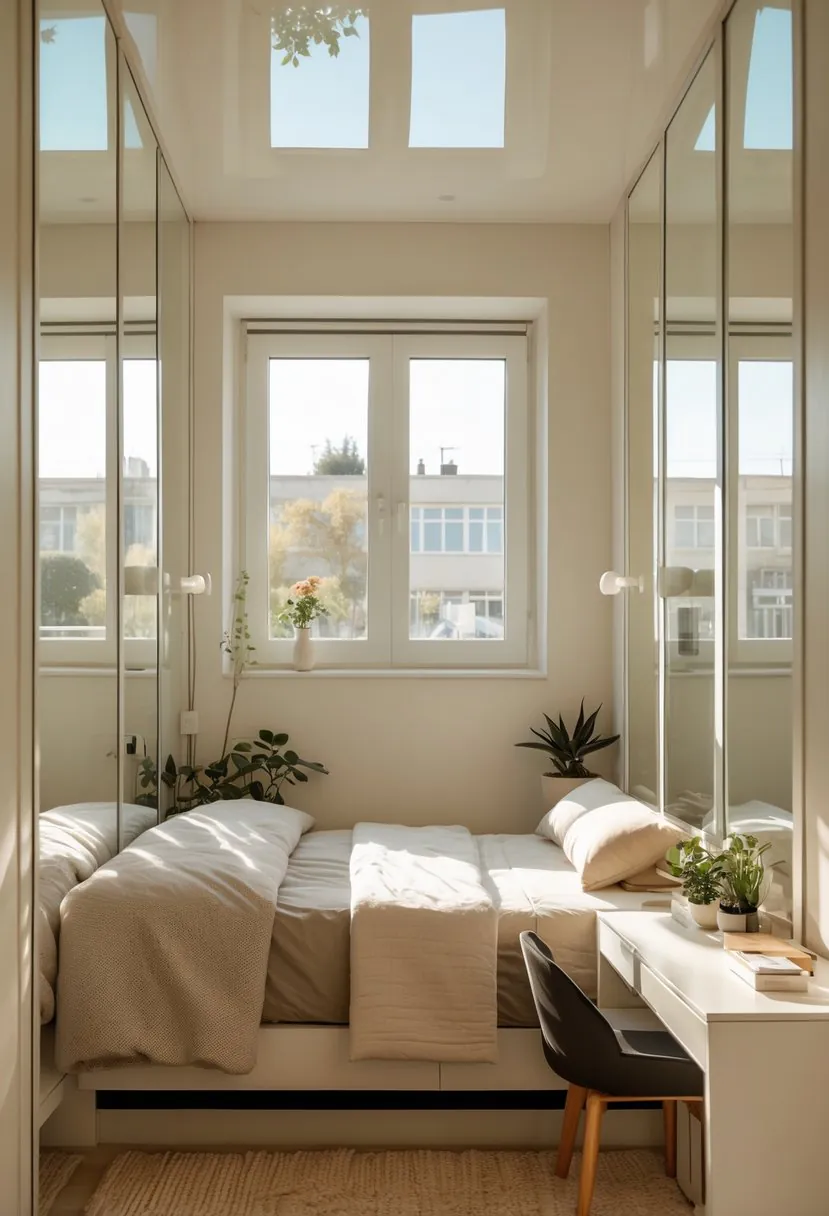 A small bedroom with a bed, mirrors on the walls reflecting sunlight, and minimal furniture creating a bright and spacious feel.
