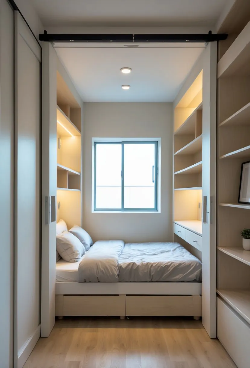 A small bedroom with sliding doors, a bed, shelves, and natural light coming through a window.