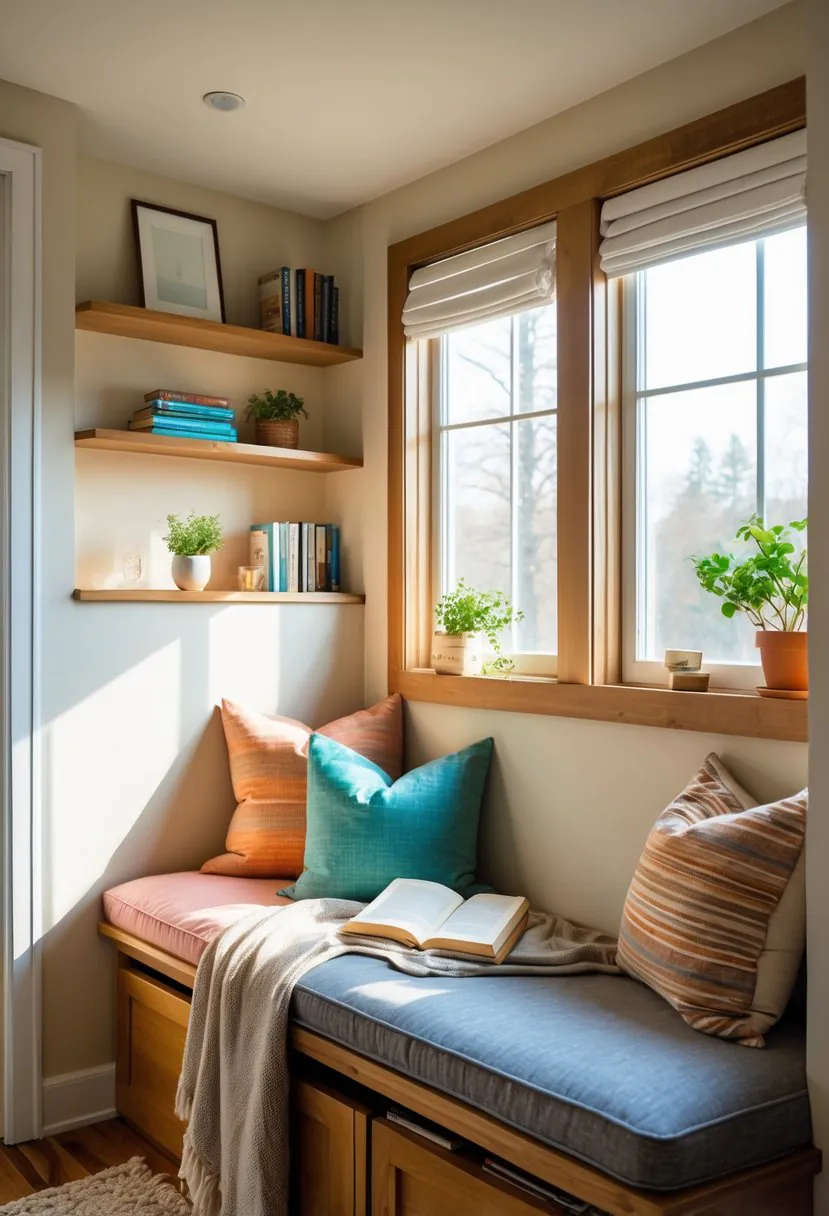 A small bedroom corner with a built-in bench covered in cushions and a throw blanket, next to a window with natural light and a few books and a plant nearby.