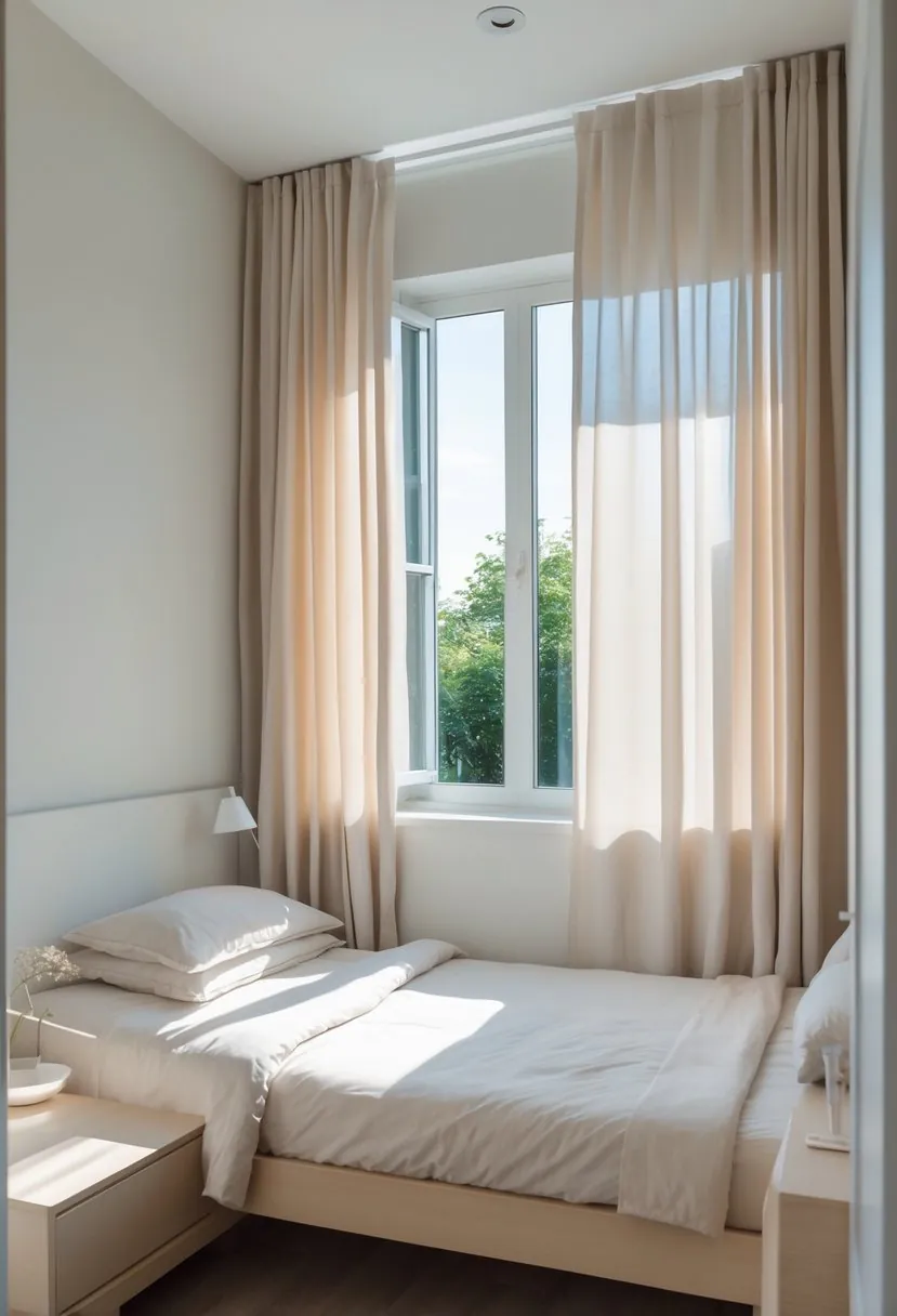 Small bedroom with curtains hung high and wide above a window, letting in natural light.