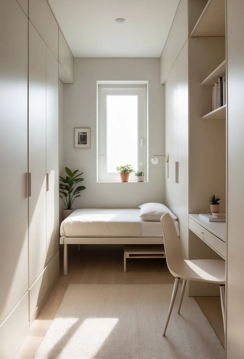 A small bedroom with slim furniture including a narrow bed, compact desk, and wardrobe, arranged to maximize space.