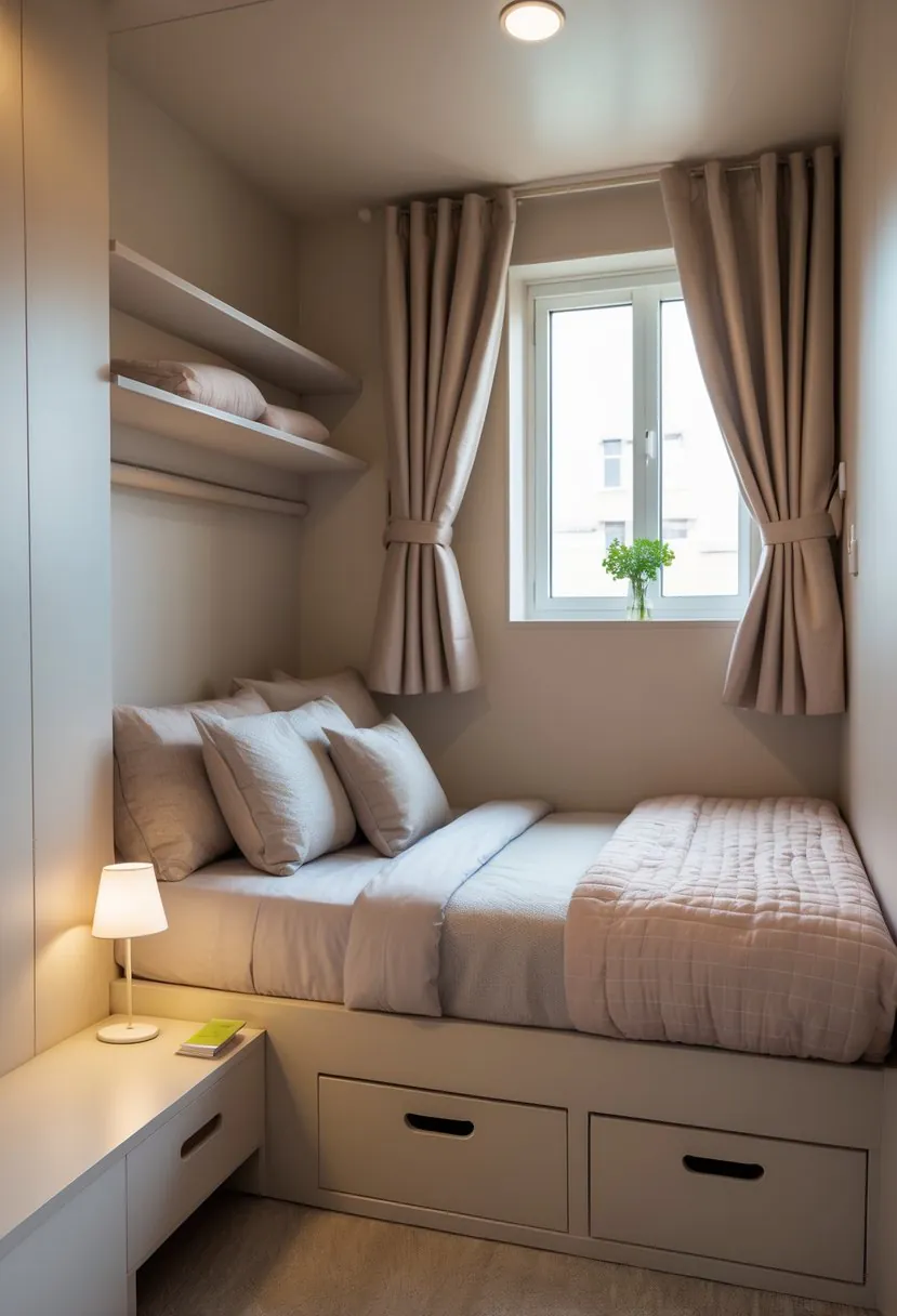 A small bedroom with a bed, bedside table, window, and shelves all decorated in varying shades of one color.