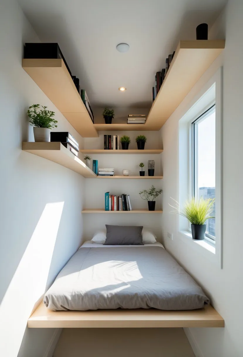 A small bedroom with floating desks and shelves mounted on the walls, keeping the floor clear and the room organized.