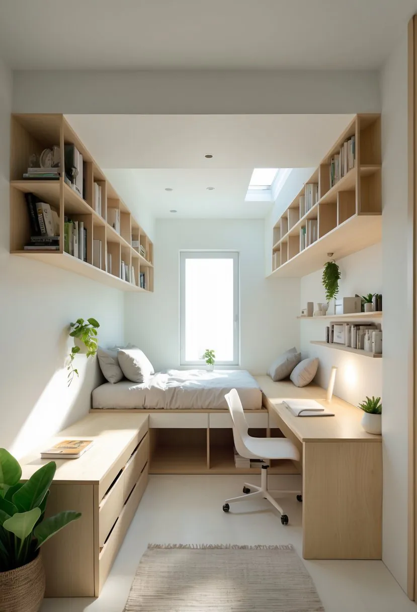 A small bedroom with a loft bed, built-in storage, a desk, shelves, and plants, arranged to use space efficiently.