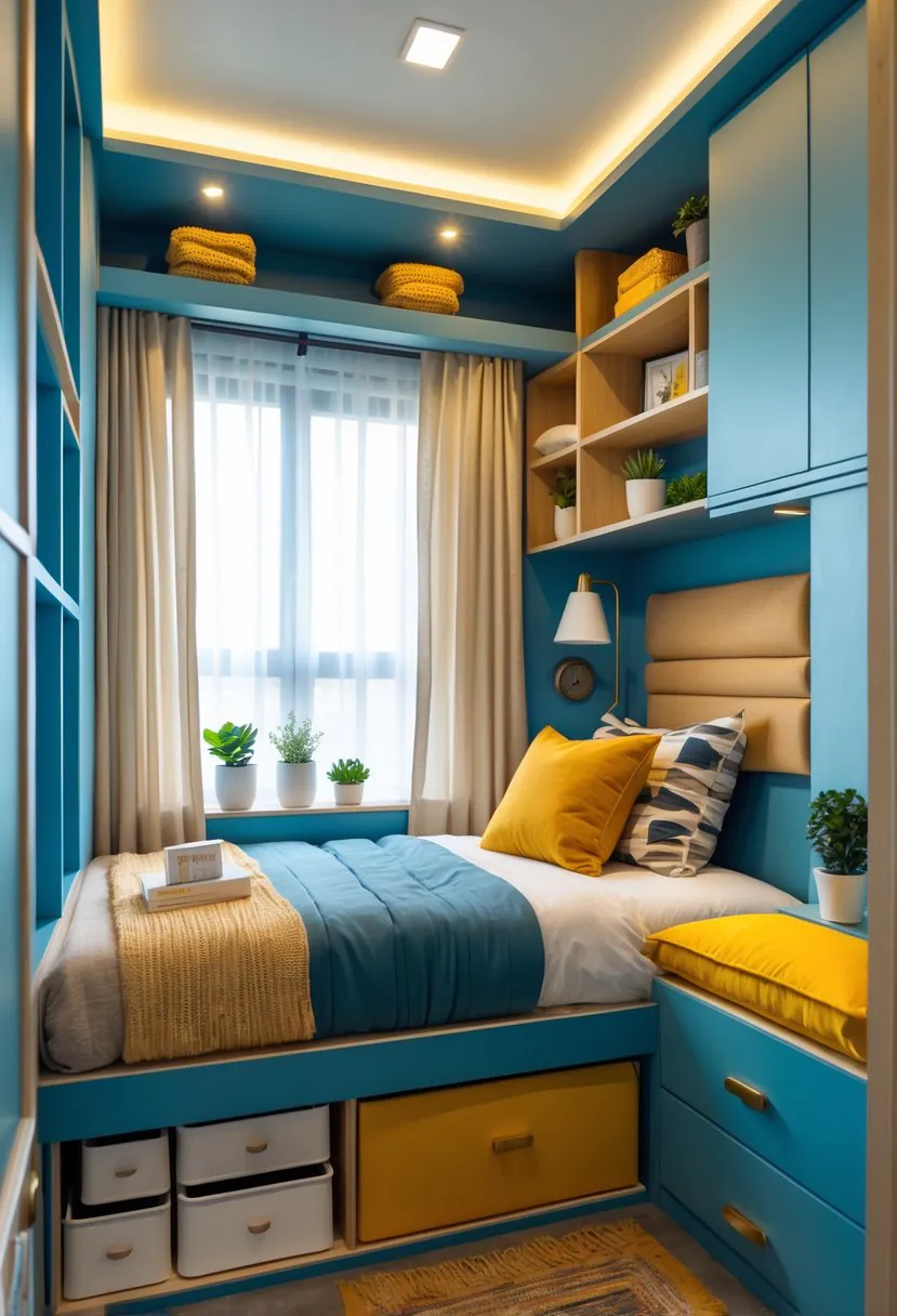 A small, neatly arranged bedroom with a single bed, shelves, storage drawers, and a window letting in natural light.