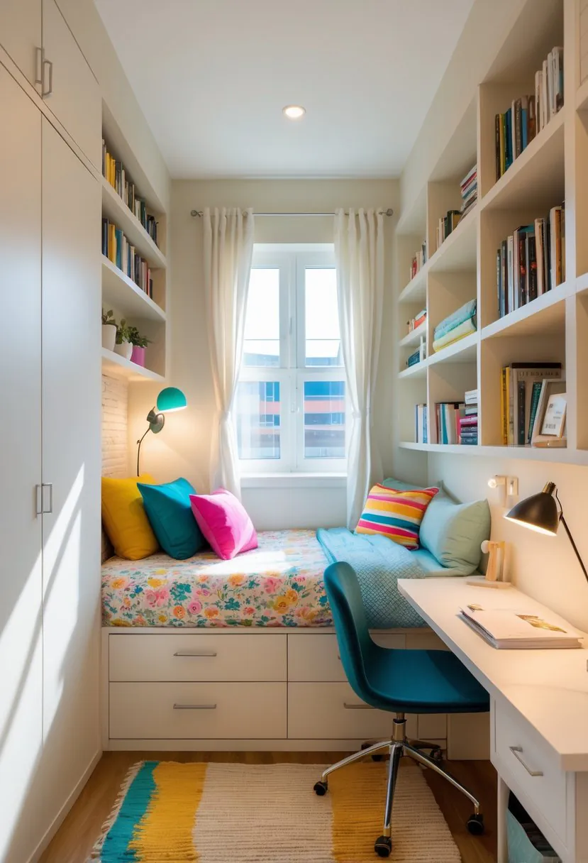 A small, neatly organized bedroom with a single bed, built-in shelves, a desk, and natural light from a window.