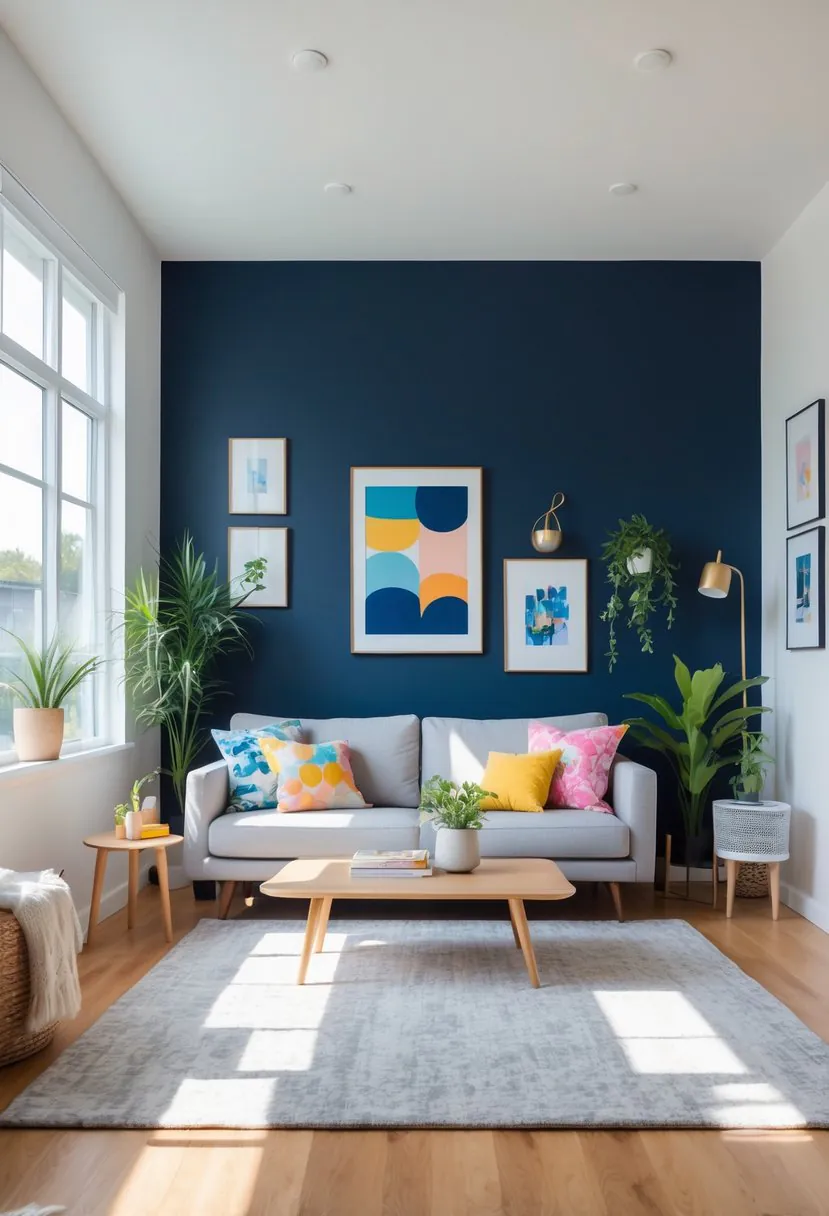 A living room with a navy blue accent wall, a sofa, coffee table, and indoor plants.