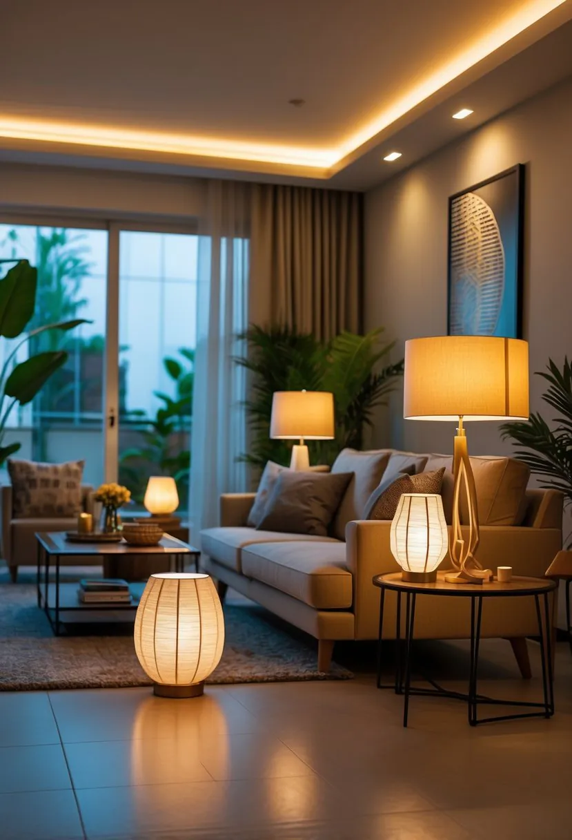 A living room with a sofa, coffee table, floor lamps, and table lamps providing warm layered lighting.