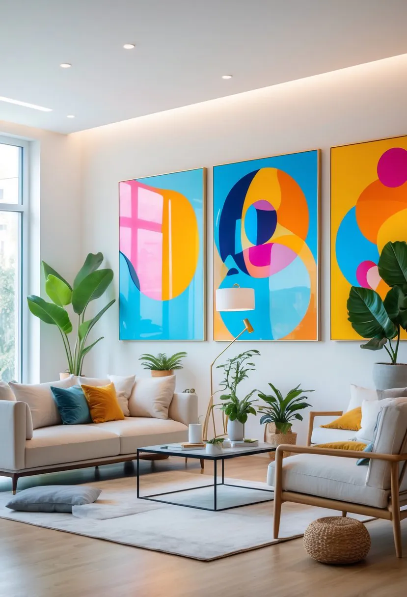 A modern living room with large colorful abstract paintings on the walls, a sofa, coffee table, plants, and natural light coming through windows.