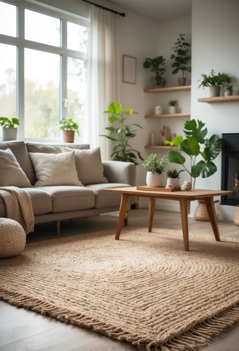 Living room with a natural fiber jute rug, sofa, coffee table, and plants in natural light.
