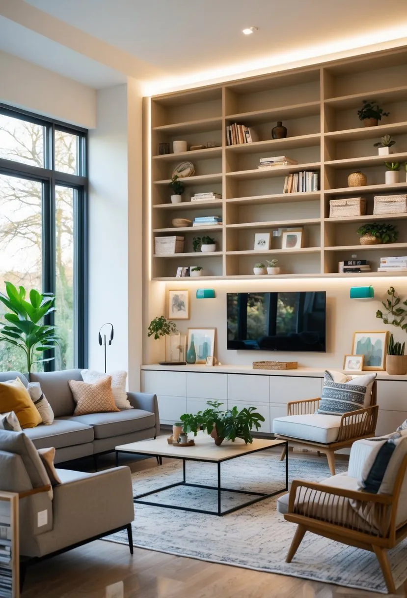 A living room with built-in wall shelves holding books and decorative items, a sofa, armchairs, and natural light coming through large windows.
