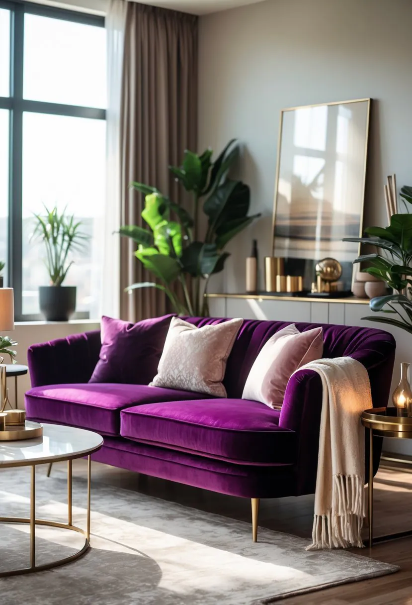 A living room with a velvet upholstered sofa, cushions, coffee table, rug, and plants.