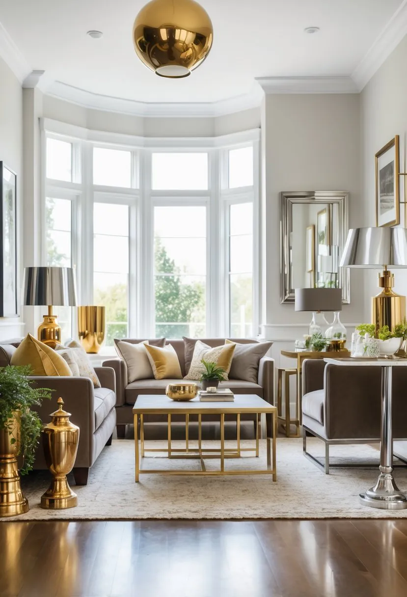 Living room with sofa, coffee tables, and metallic brass and chrome decorative accents.