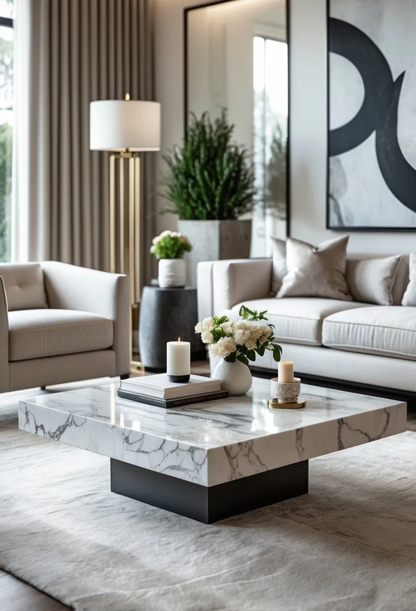 A living room with a marble coffee table surrounded by a sofa and armchairs, decorated with flowers, books, and a candle, with natural light coming through large windows.