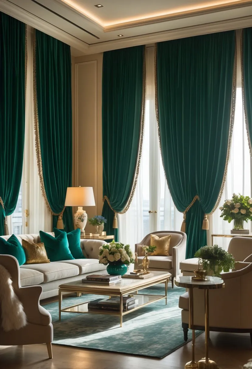A spacious living room with large windows covered by rich silk velvet drapes, comfortable seating, and a coffee table with decorative items.